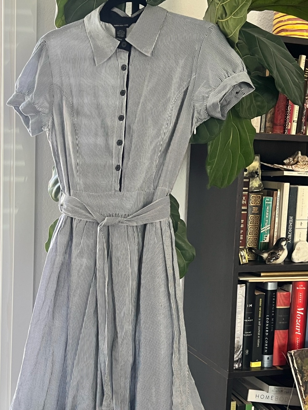 Classic Collared Stripe Shirt Dress with Waist Tie - Blue/White